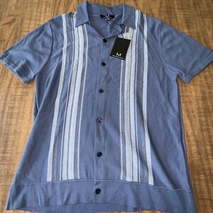 Magaschoni Men's‎ Knit Polo Shirt Striped Short Sleeve Blue Medium NWT